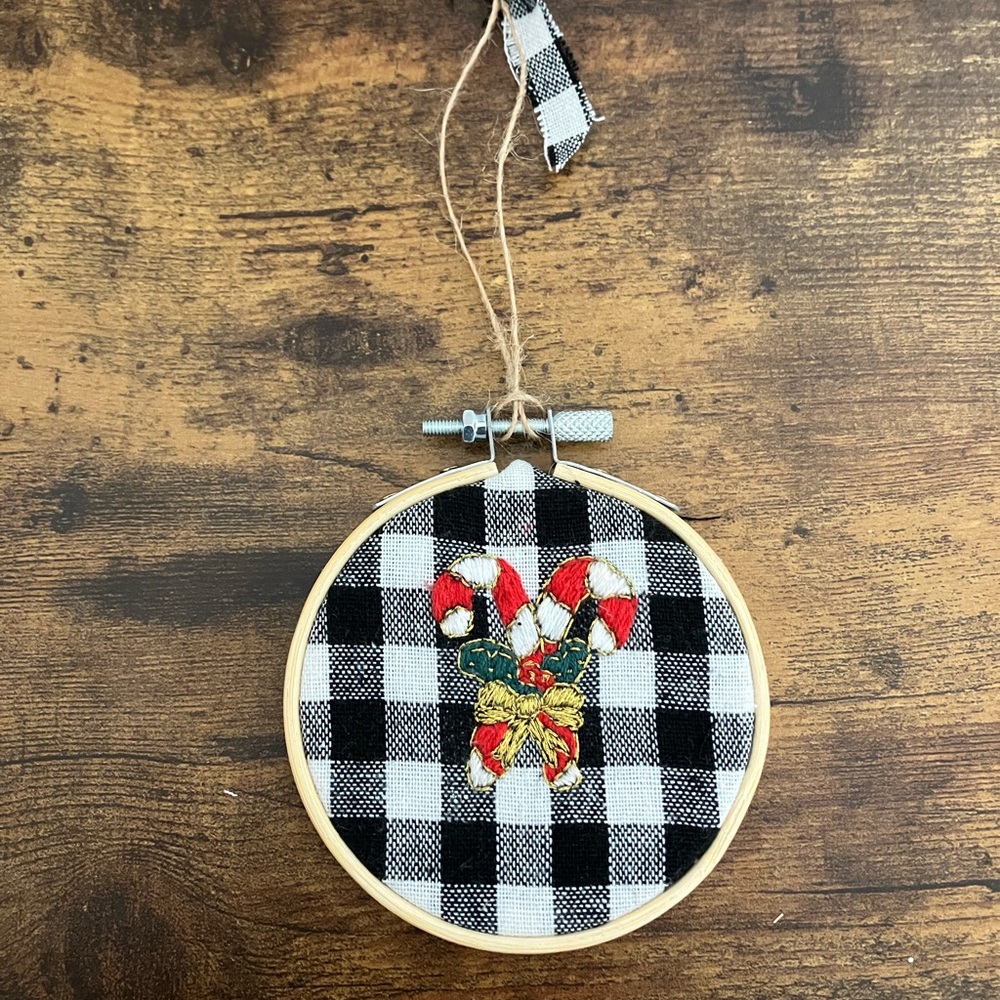 Christmas Ornament Candy Cane Buffalo Plaid, Embroidery Hoop Art, Handmade